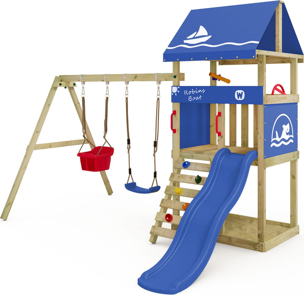 WICKEY Spielturm Klettergerüst DinkyHouse mit Schaukel & Rutsche, Kletterturm mit Sandkasten, Leiter & Spiel-Zubehör - blau