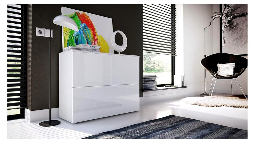 Sideboard Rova, Kommode mit 4 Türen, Weiß matt/Weiß Hochglanz/Weiß Hochglanz (92 x 72 x 35 cm)