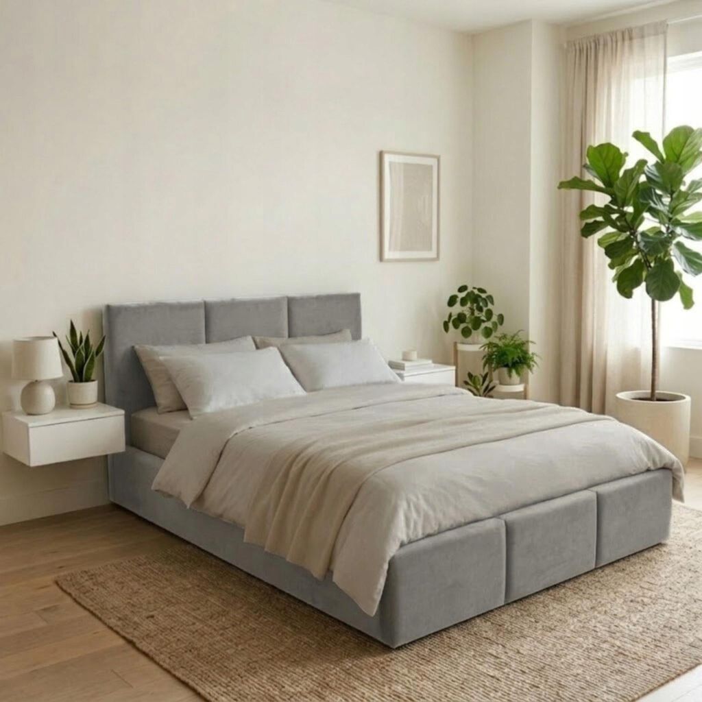 Komvortowy | Polsterbett 160x200 Cm | VELIS | Doppelbett Mit Metall-Lattenrost & Gasdruckfeder | HELLGRAU | Bettkasten Ohne Bodenplatte | Stauraumb...