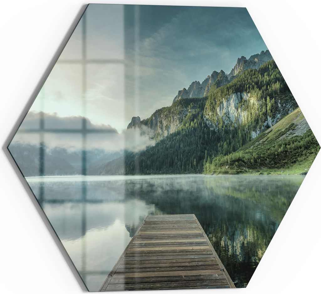DEQORI Magnettafel Glas 55x48 cm 6-eckig 'Nebelgeheimnis am See' beschreibbar Whiteboard Küche