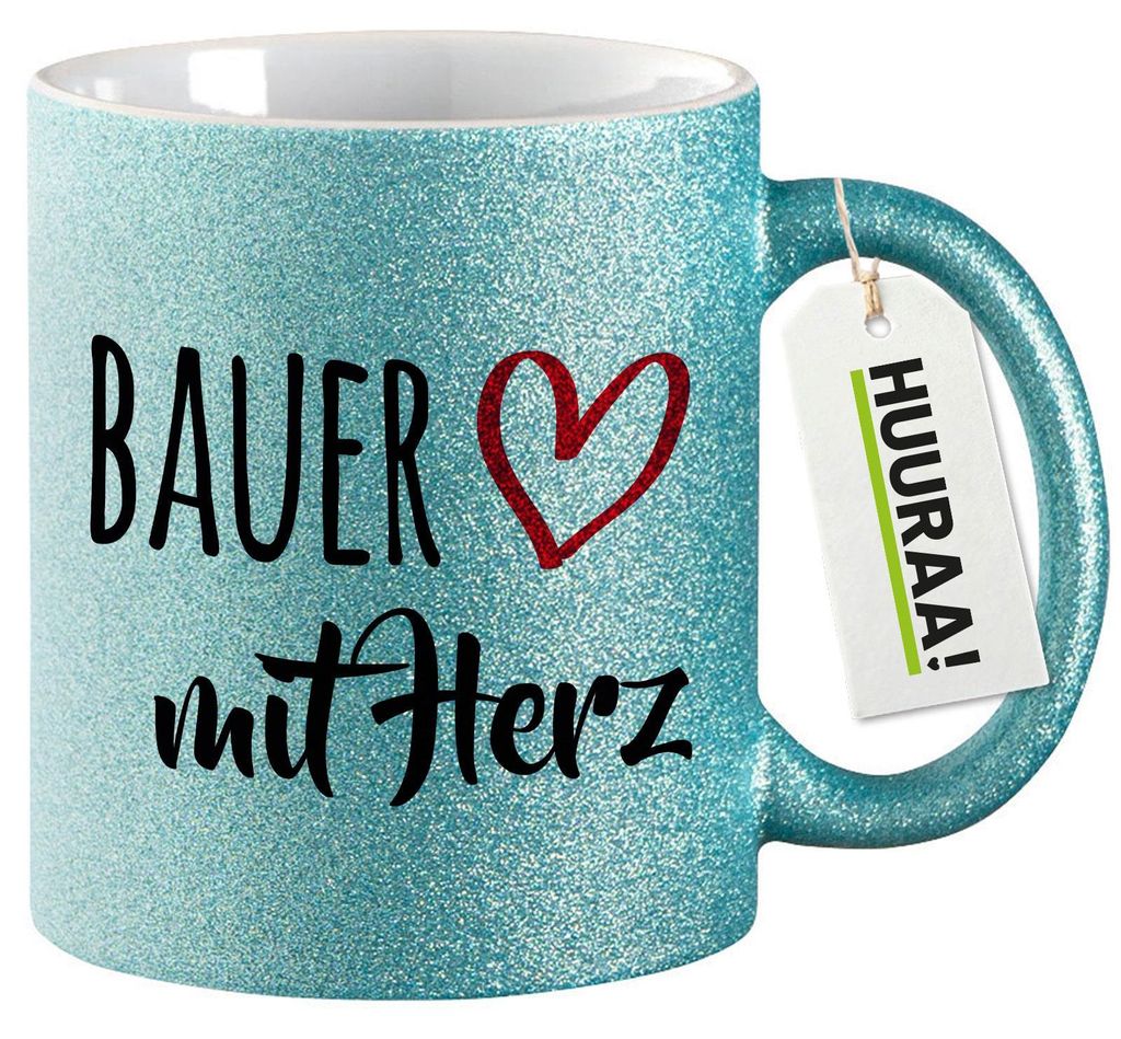 Huuraa Glitzertasse Bauer mit Herz 330ml Blau Keramik Kaffeebecher Geschenkidee