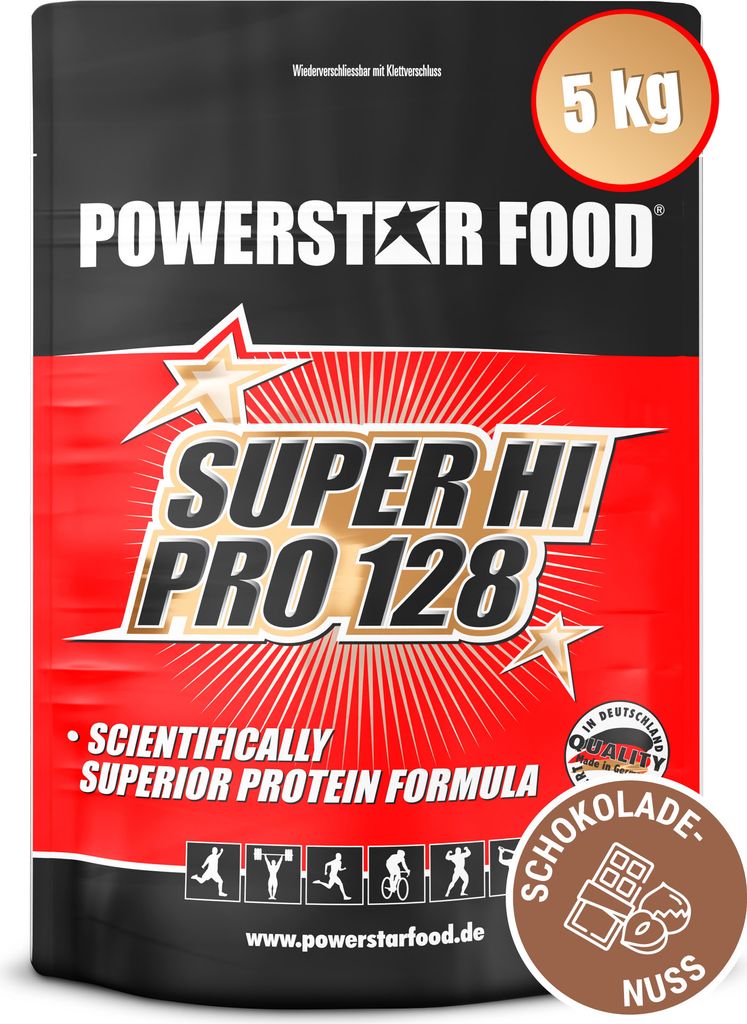 Powerstar SUPER HI PRO 128 | Mehrkomponenten Protein-Pulver 5kg | Höchste Biologische Wertigkeit | Protein-Shake zum Muskelaufbau | Chocolate-Nut