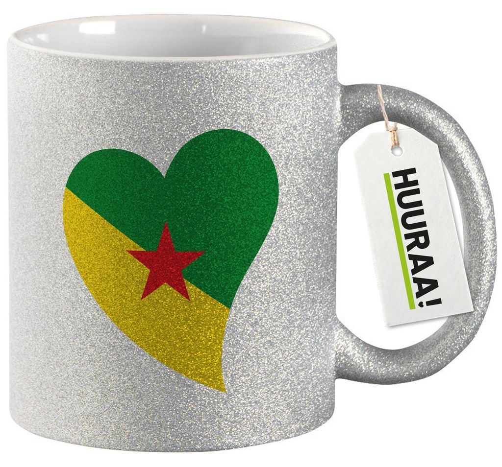 Huuraa Glitzertasse Französisch-Guayana Flagge Herz 330ml Silber Keramik Kaffeebecher Geschenkidee