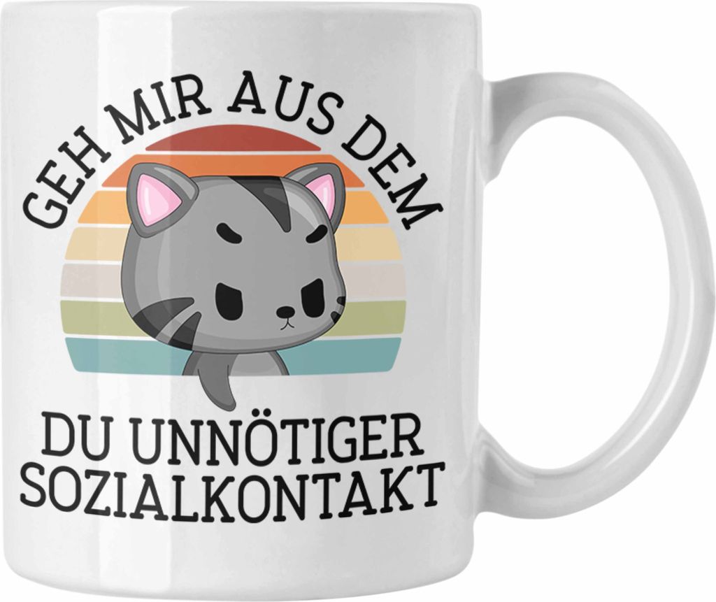 Trendation - Lustige Tasse Geh Mir Aus Dem Weg Du Unnötiger Sozialkontakt Geschenk Katze Witzige Tasse für Frauen Männer (Weiß)