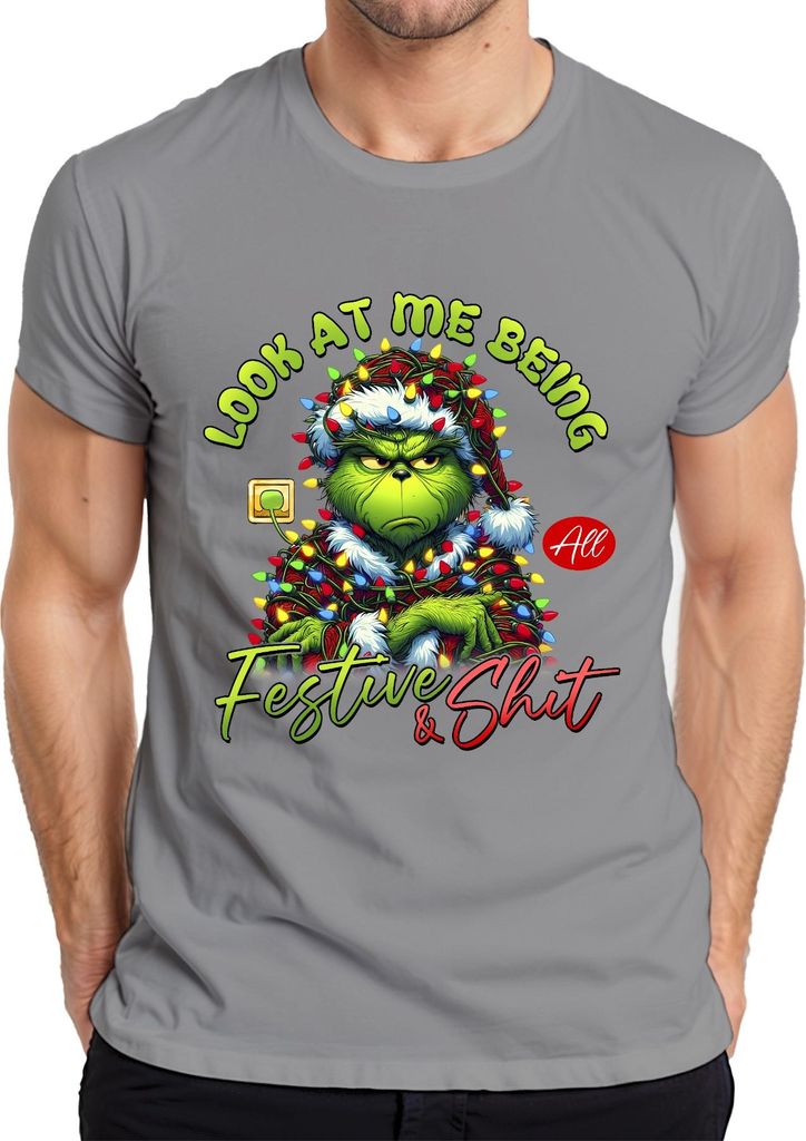 Grinch Look At Me Being Festive Weihnachten lustig Geschenk Herren T-Shirt, Grau, XXL