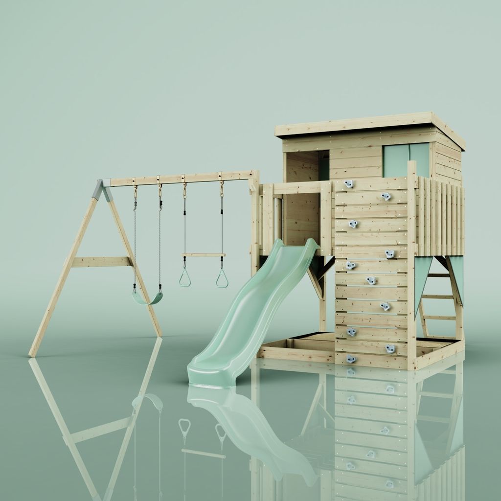 OutdoorToys Spielturm Nils aus Holz in Grün Mintgrün, mit Trapezstange