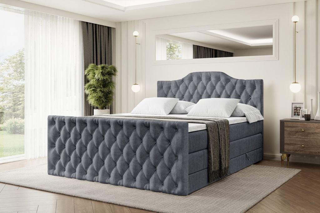 ALTDECOR Boxspringbett mit Fußteil, 2 Matratzen und Topper - 120x200 cm - VILA-1-Z KING - Dunkelgrau Samt - Polsterbett mit, H3- und H4- Matratzen...