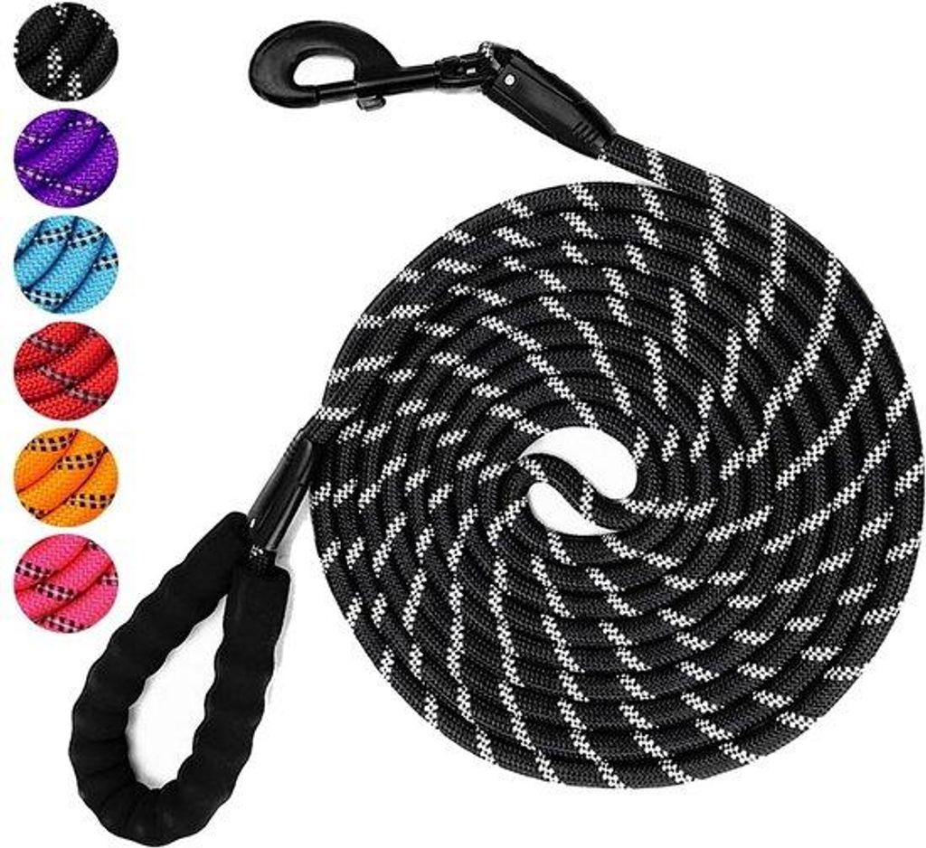 Sicherheitsleash für starke Hunde, reflektierende Streifen, lang, 3 Meter, schwarz, 1,2 cm breit.