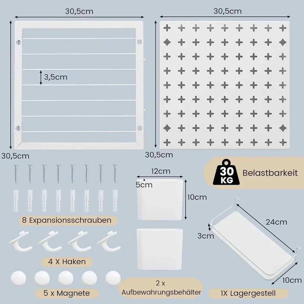 Pegboard Mural Blanc pour Atelier ou Bureau avec Boîtes et Tablette - 6
