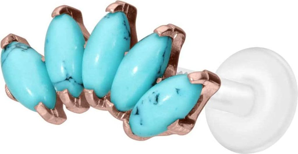 Ohrpiercing, Nasenpiercing PTFE Labret mit Innengewinde + Titan-Aufsatz BOGEN + SYNTHETISCHE TÜRKISE RoséGold Stablänge: 7mm | Stabstärke: 1,2mm