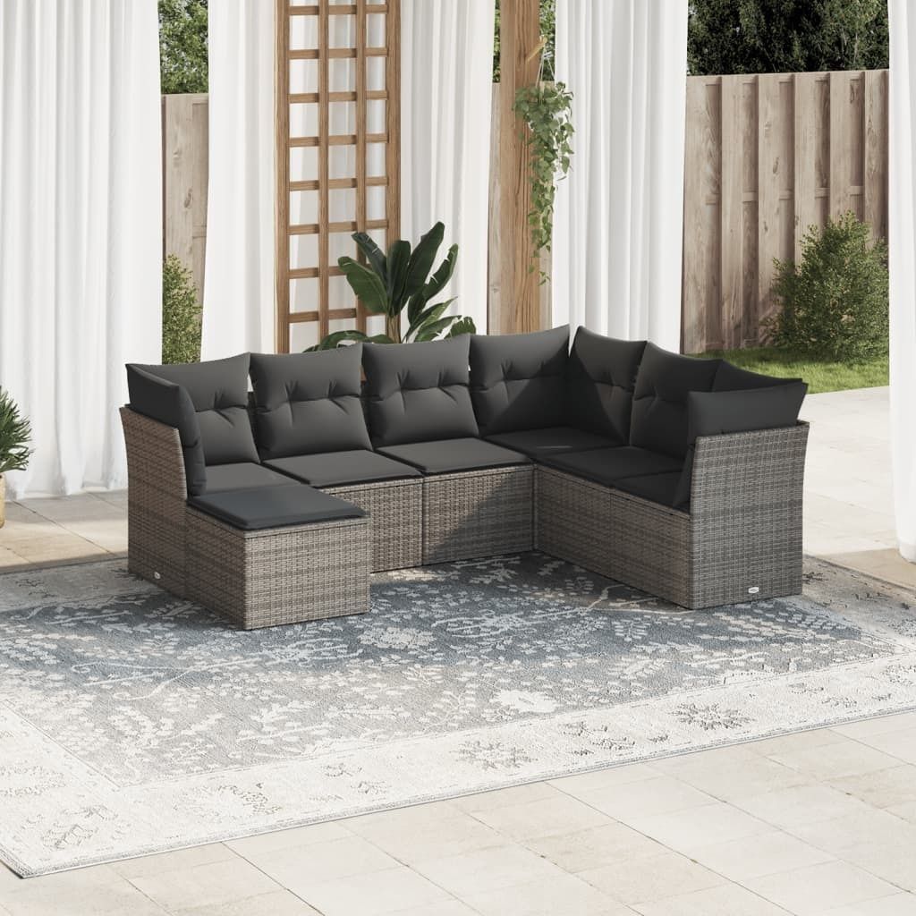CLORIS 7-tlg. Garten-Sofagarnitur mit Kissen Grau Poly Rattan - Gartenmöbelgarnituren 424