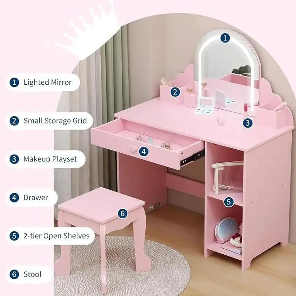 Coiffeuse pour enfants rose avec miroir LED et tabouret - Modèle CF-80