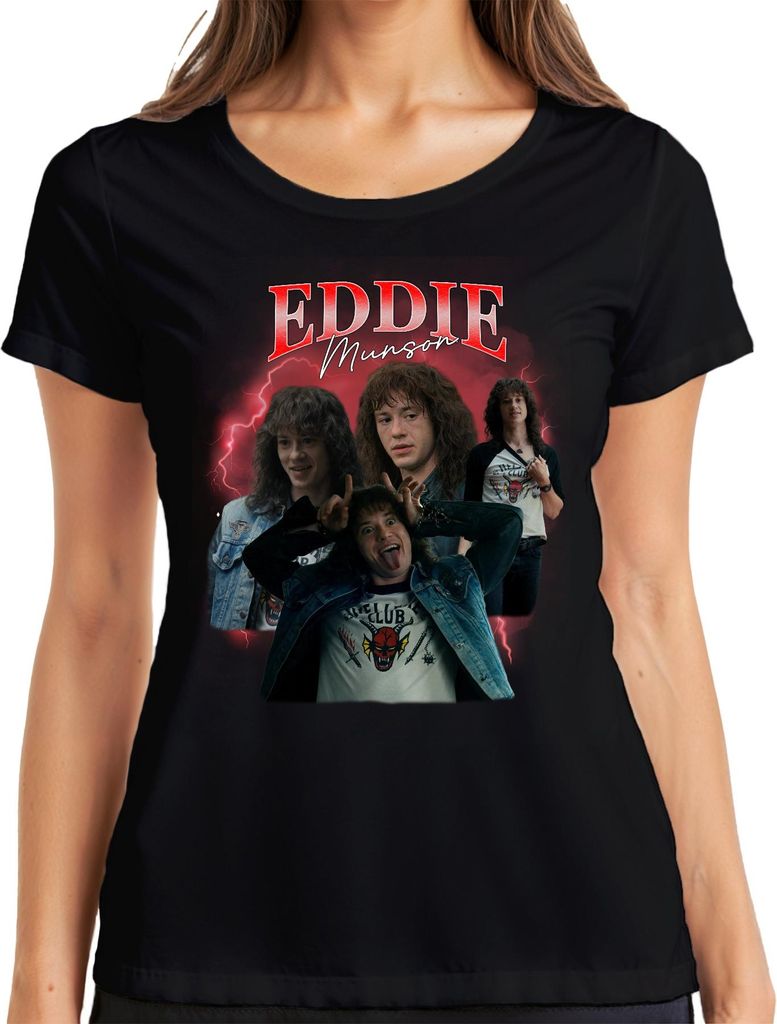 Eddie Munson Hellfire Club Stranger Metal Geschenk Vintage Serie 90s Bootleg Damen T-Shirt, Schwarz, L