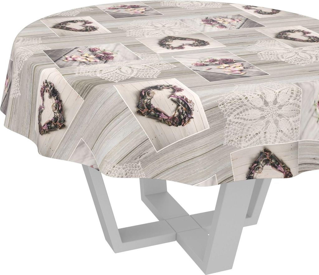 Tischdecke Collage Holz Liebe Grau Rund 140cm Schnittkante Wachstuch abwaschbar