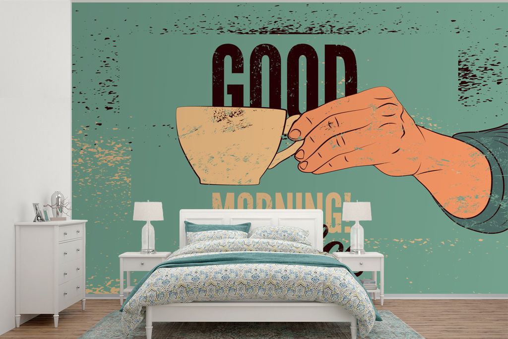 MuchoWow Fototapete für Wohnzimmer oder Schlafzimmer Wandtapete Vinyl Motivtapete Kaffee - Zitate - Retro - Guten Morgen! Kaffee - Zitate - 420x...