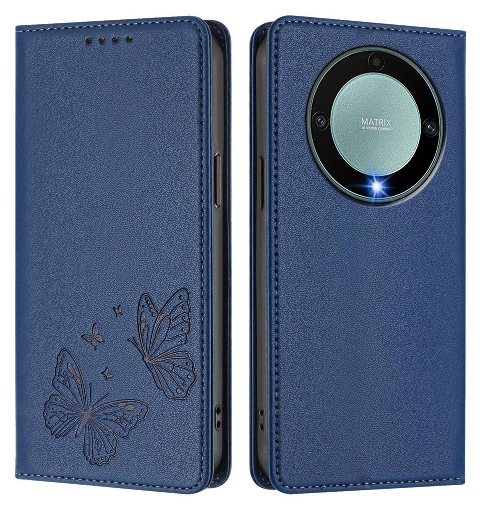 Lederhülle für Honor X9A/Magic5 Lite, Schmetterling Prägung Leder Brieftasche Schutzhülle mit Ständer Dunkelblau