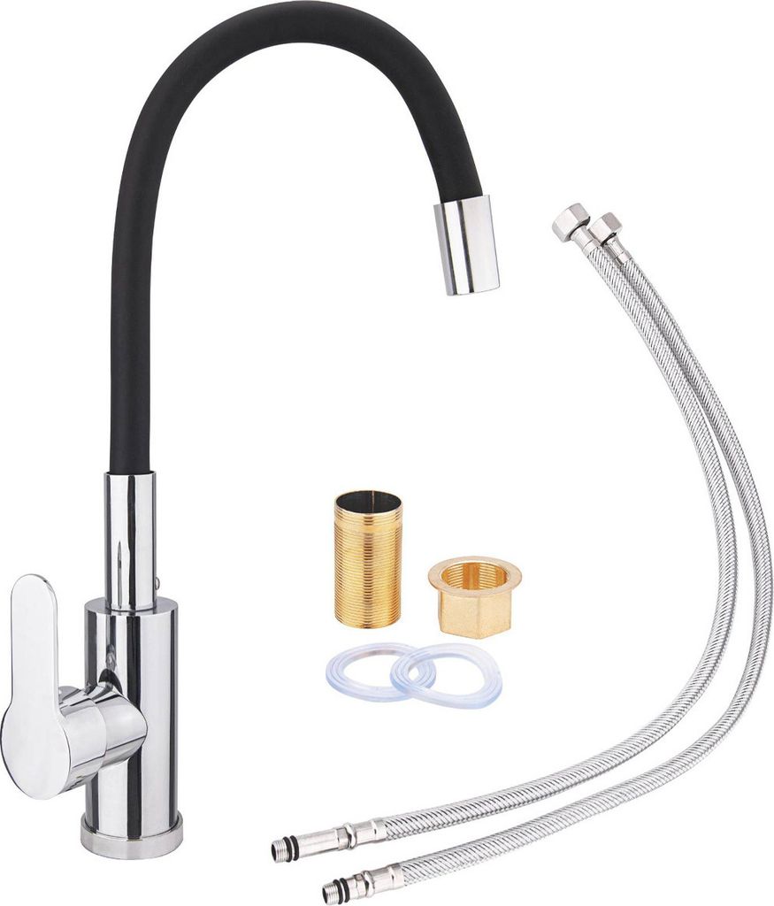 A kitchen faucet with a flexible black hose and chrome handle, along with installation accessories, is displayed against a white background.