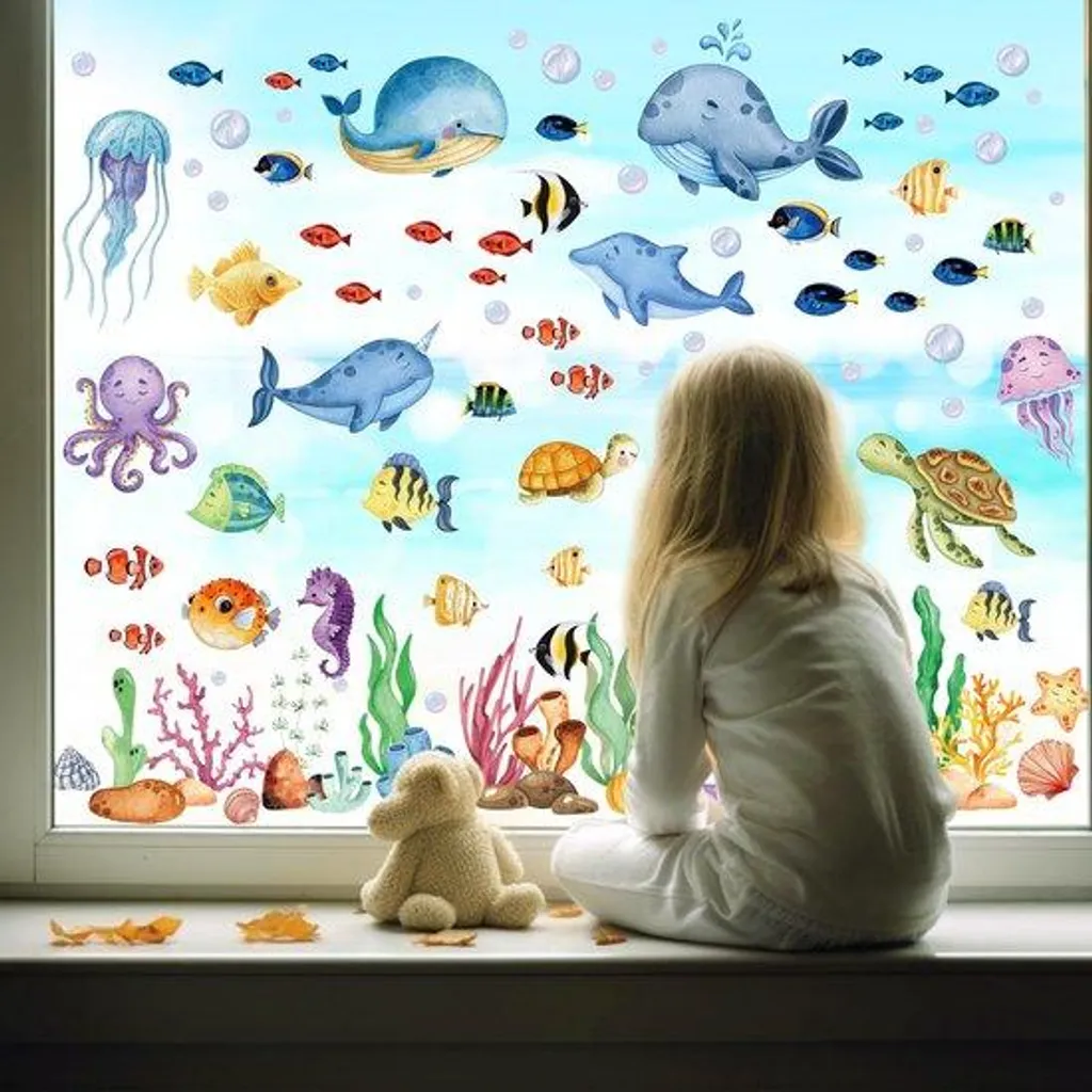 Décoration Fenêtre Océan pour Enfant : 9 Planches Stickers Bain Amovibles