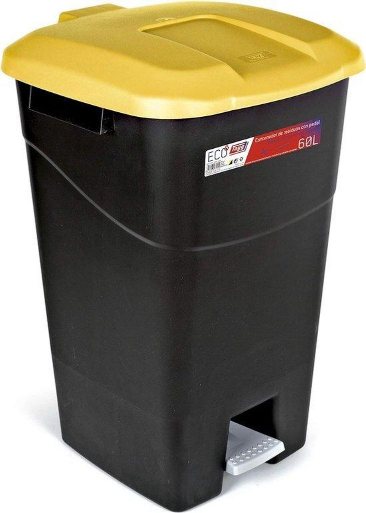 Gelber Müllbehälter 60 Liter mit Schaltfläche, schwarzem Grund und gelbem Deckel.