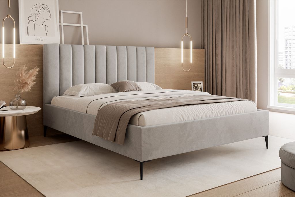 Polsterbett mit Kopfteil 120x200 Tatiana Slim II - Doppelbett mit Bettkasten und Lattenrost aus Holz - Samtstoff - Hellgrau & Velluto 15