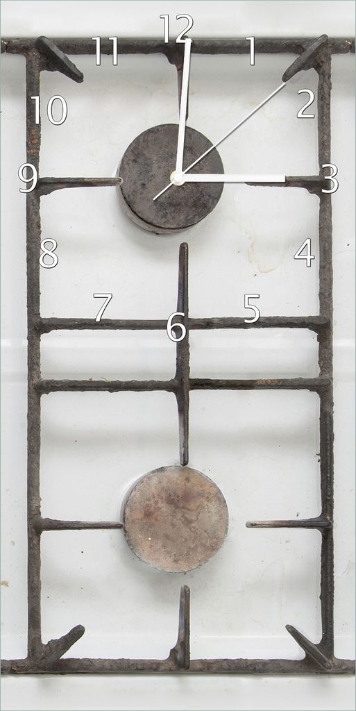 Wallario Design Wanduhr Alter Gasherd, ungeputzt und dreckig aus Echtglas, Größe 30 x 60 cm