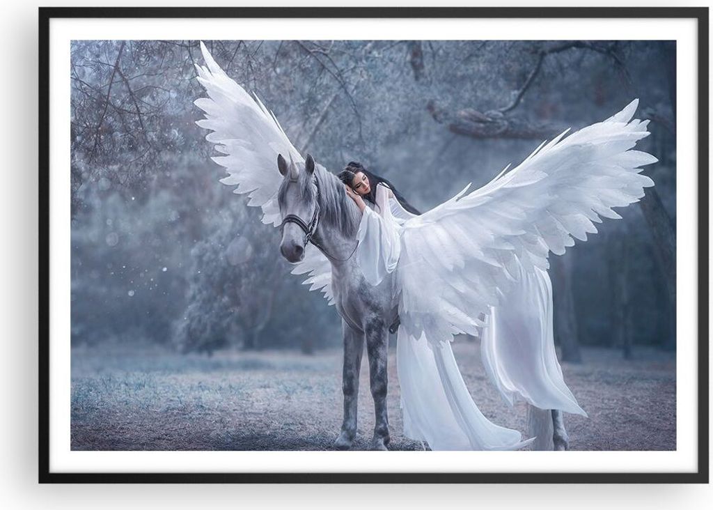 Gerahmtes Poster - Schwarzer Rahmen - Frau Pferd Natur - 100x70 cm - Wand Bild - Wanddeko - Wandbilder - Kunstposter - Wandposter - Bilderrahmen - ...