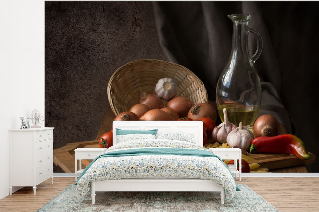 MuchoWow Fototapete für Wohnzimmer oder Schlafzimmer Wandtapete Vinyl Motivtapete Schneidebrett - Gemüse - Stillleben - Pasta - Aus - Tomate - ...
