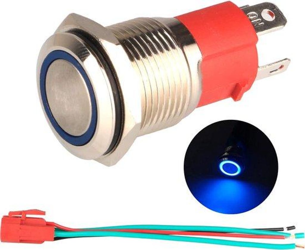220-230V 15A Kurzzeitdrucktaster Blau LED Beleuchtung 16mm Metall