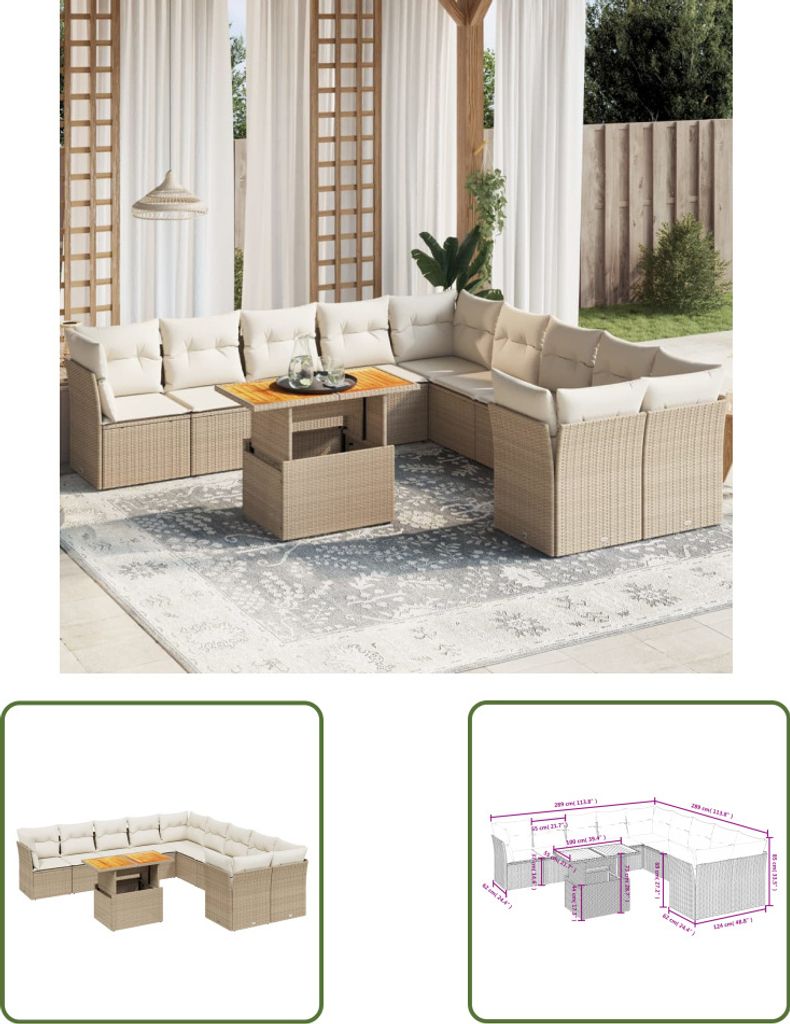 The Living Store 11-tlg. Garten-Sofagarnitur mit Kissen Beige Poly Rattan