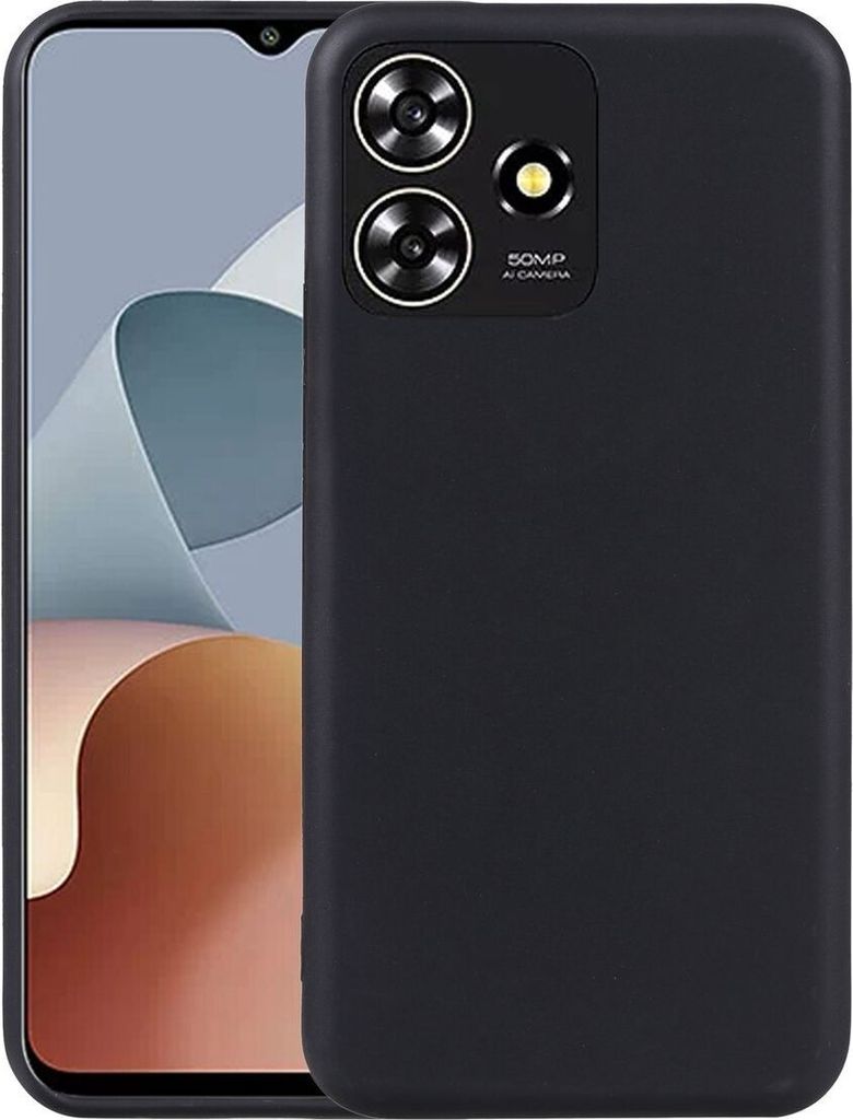 A black phone case is shown on a light gray background.