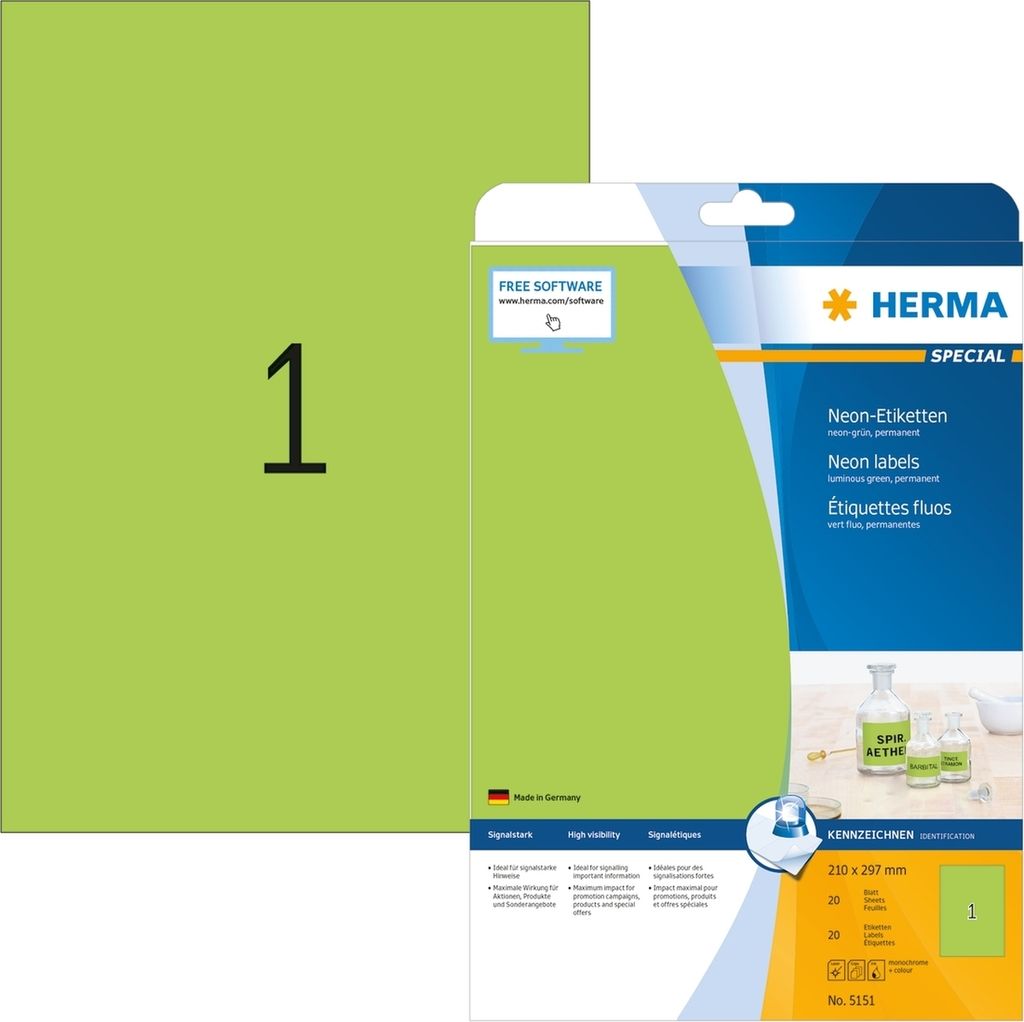 Etiketten neon-grün 210x297mm Special A4 LaserCopy 20 Stück Packung mit 32 Stück