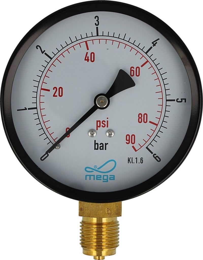 MEGA Druckmanometer 0 - 6 bar - 1/2 Zoll Anschluss nach unten Radial Ø 100 mm