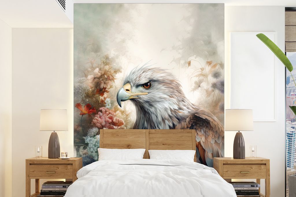 MuchoWow Fototapete für Wohnzimmer oder Schlafzimmer Wandtapete Vinyl Motivtapete Adler - Adler - Vogel - Blumen - Natur - 160x220 cm - Bildschi...