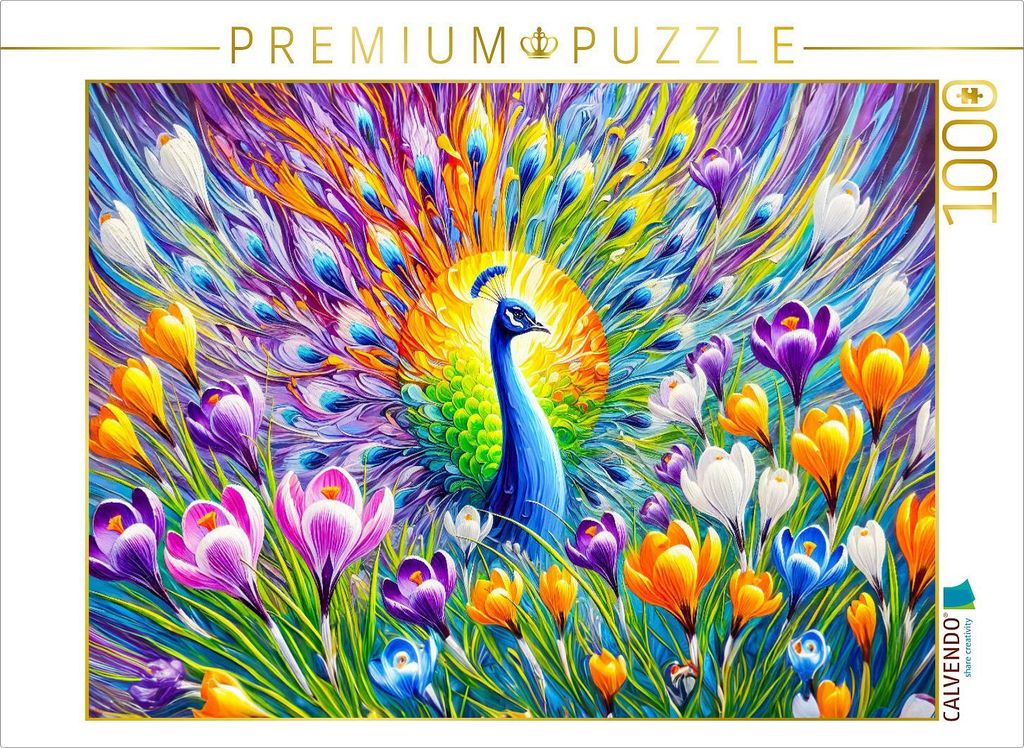CALVENDO Puzzle Abstrakter Pfau mit Krokussen in farbenfroher Ölmalerei | 1000 Teile Lege-Größe 64x48cm Foto-Puzzle für glückliche Stunden
