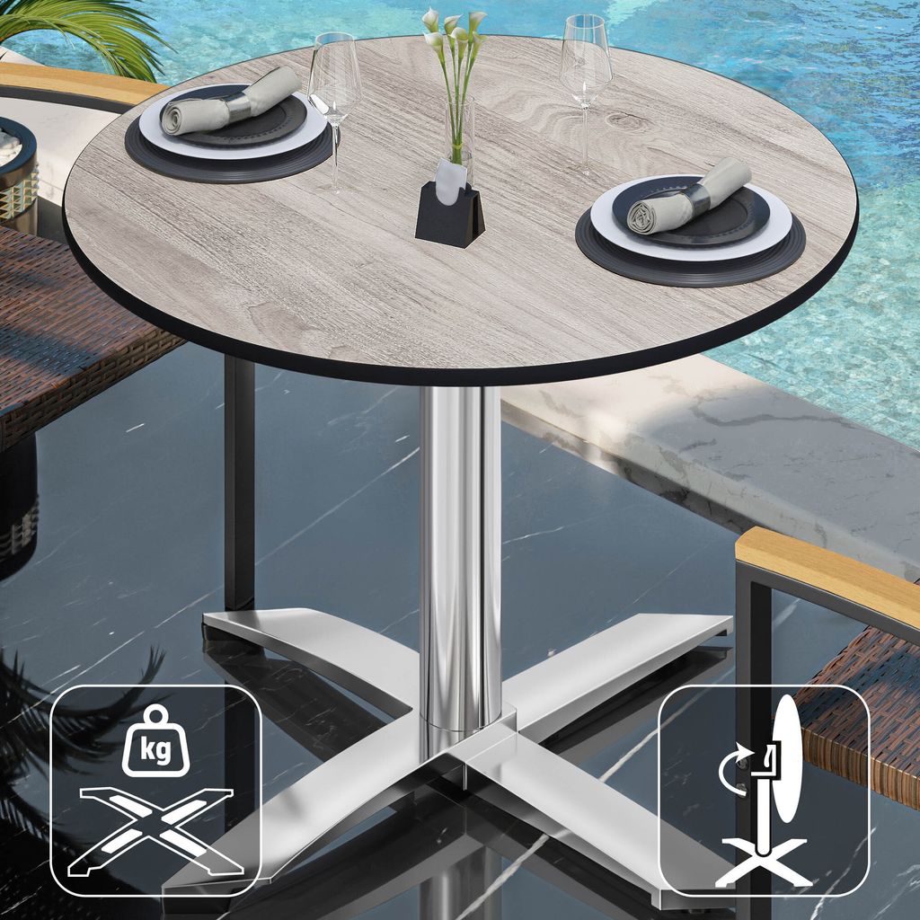 CPTG | Bistro Tisch | Ø:H 70 x 76 cm | Eiche-Weiß / Aluminium | Klappbar/ Zusatzgewicht | Bistrotisch Gastro Tisch