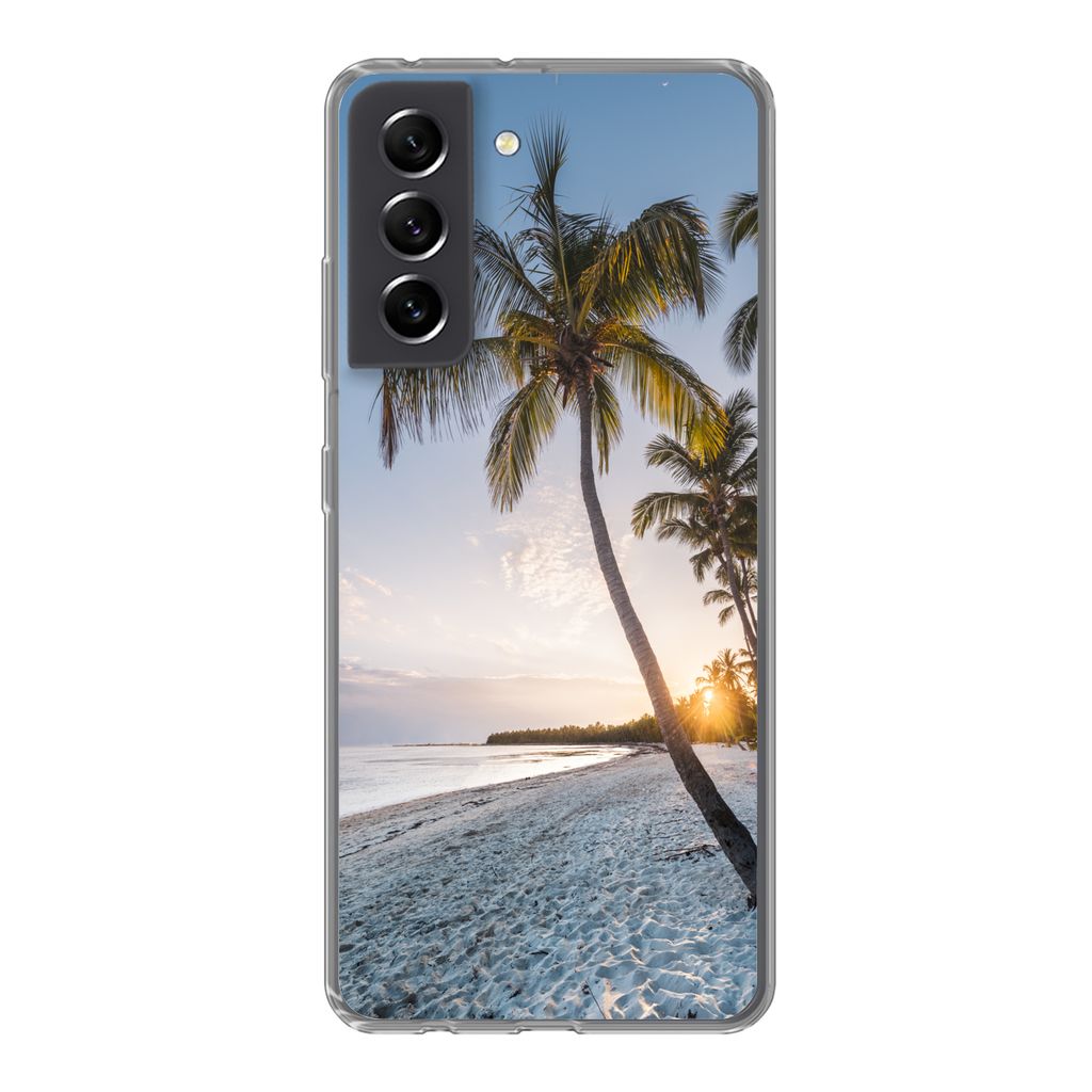 MuchoWow Handyhülle Schutzhülle Hülle für Samsung Galaxy S21 FE Strand - Sonnenuntergang - Palme Silikon Softcase Handy Hülle - Mobiltelefon...