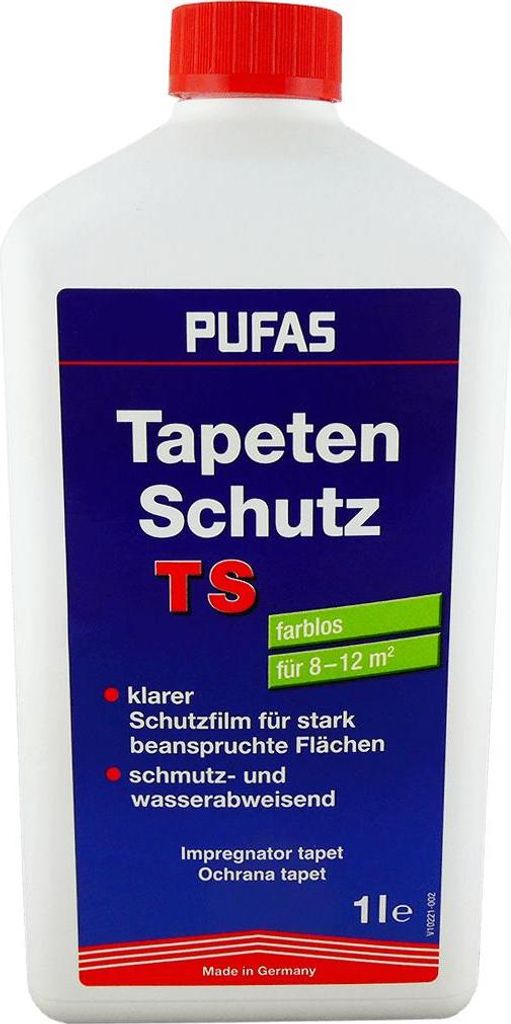 A white plastic bottle with a blue and red label for PUFAS Tapetenschutz TS.