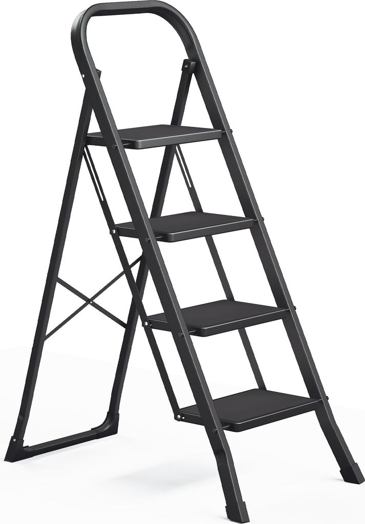 A black, four-step folding stepladder shown against a white background.