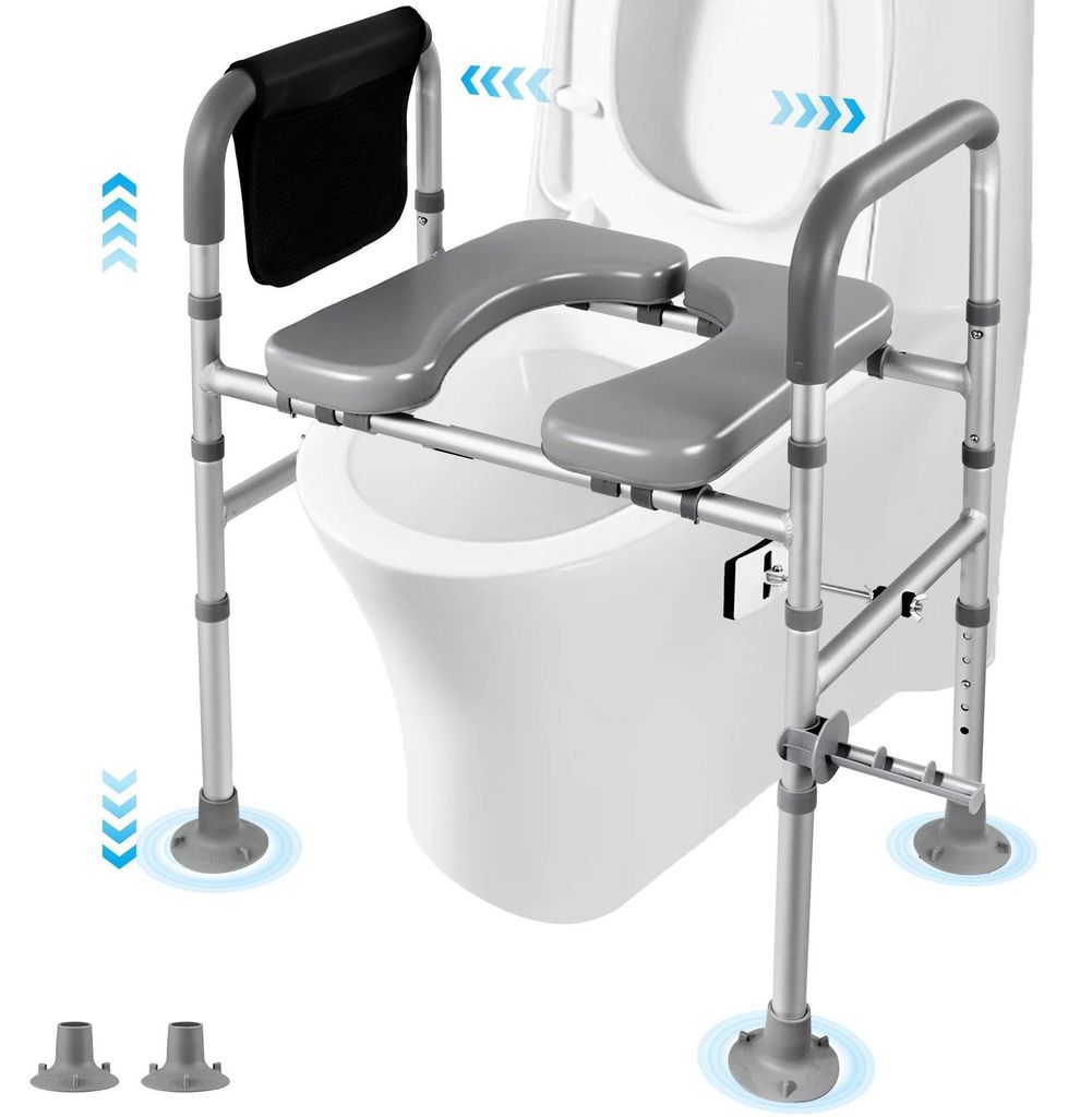 Erhöhter Toilettensitz für Senioren - Toilettensitzerhöhung mit Armlehnen - höhen- & breitenverstellbar - Aluminium - bis 200 kg - hellgrau