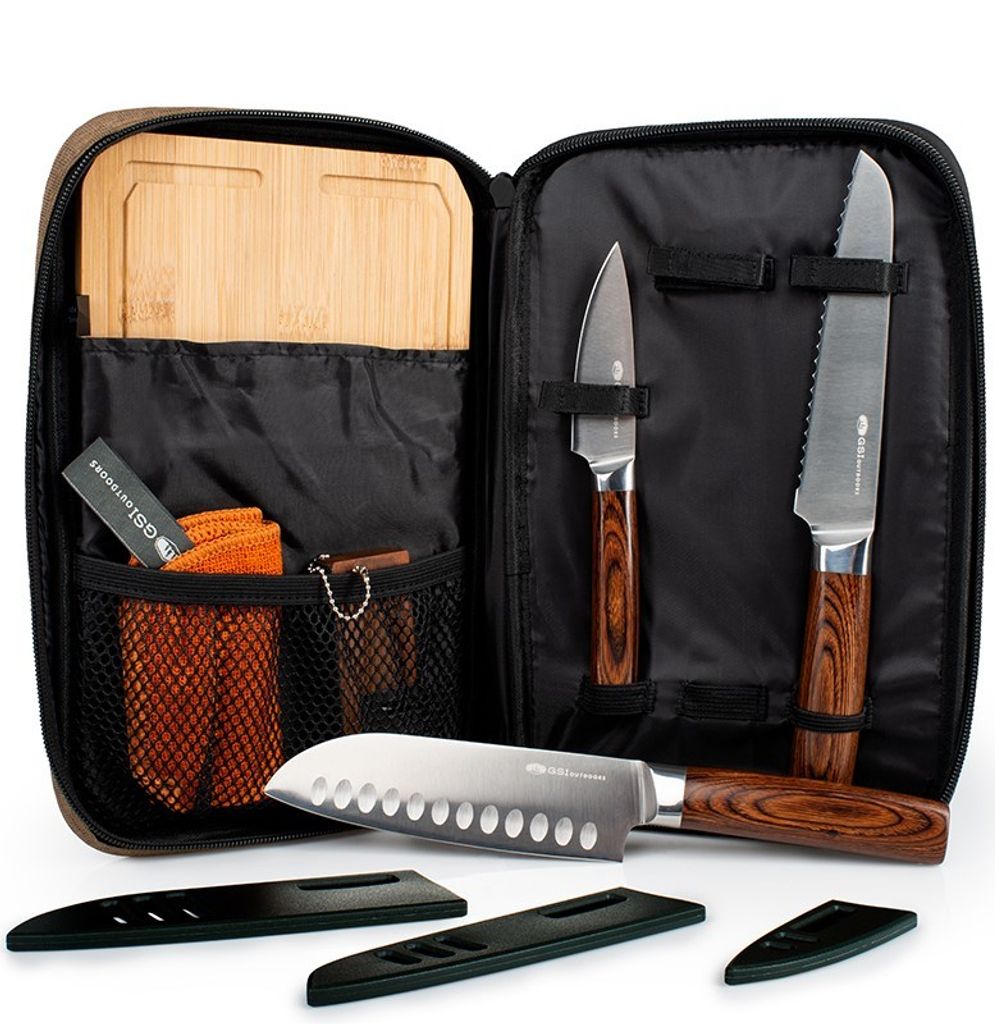 GSI Rakau Outdoor-Kochset mit Santoku-Messer, Bambusbrett, Messerschärfer, Tasche 30x19x5cm für Camping und Wohnmobil