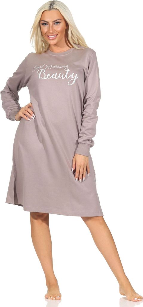 Normann Damen Nachthemd langarm mit Bündchen in Kuschel Interlock Qualität und Frontprint ; grau , 40