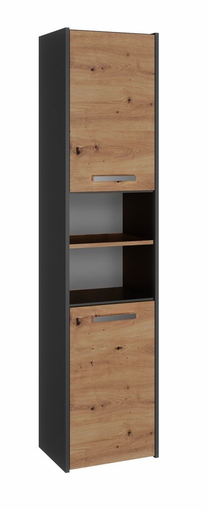 A tall, narrow bathroom cabinet with a wood-grain finish and gray accents.