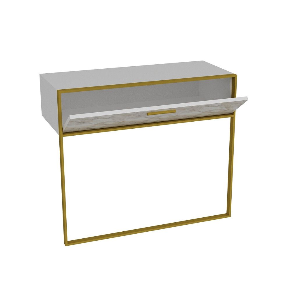 A white and gold console table with a drawer slightly ajar.