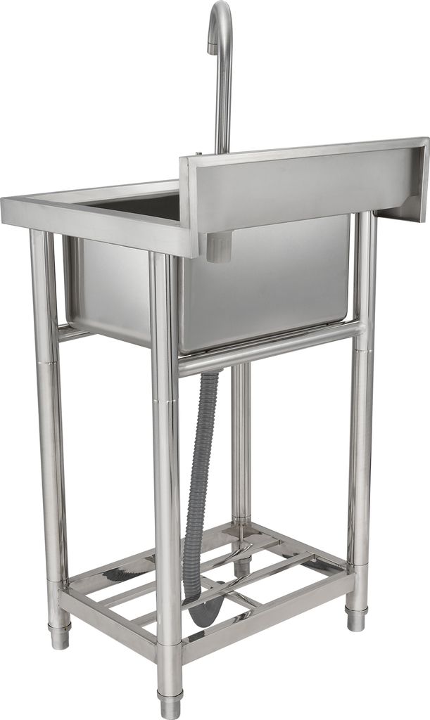 A stainless steel sink with a faucet and legs, shown against a white background.