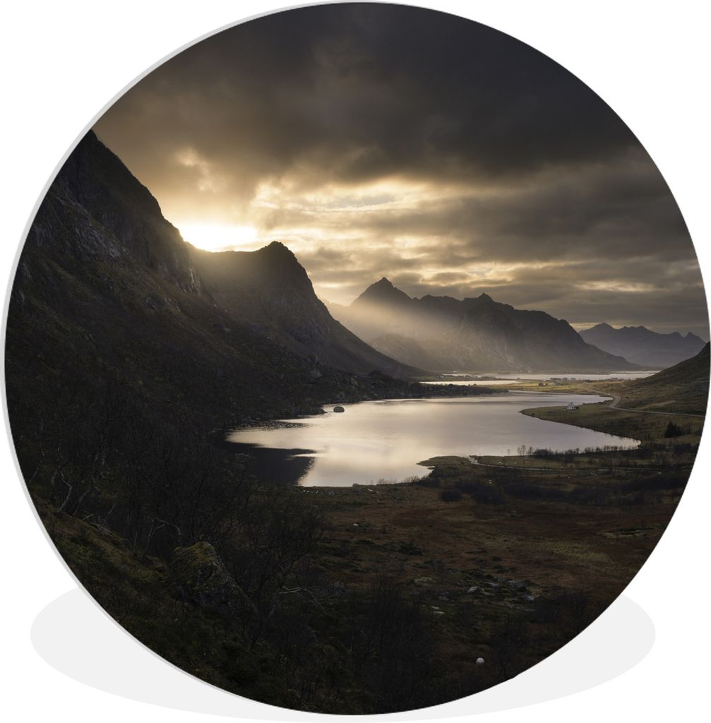 MuchoWow Rundes Wandbild - Runde Bilder Lichtstrahlen an den Bergen auf den Lofoten Ø 30 cm Kreis Wanddekoration Kunststoff - Wandkreis - Wandsc...