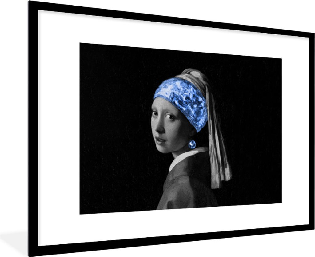 MuchoWow Gerahmtes Poster Das Mädchen mit dem Perlenohrring - Vermeer - Blau 90x60 cm - Poster mit Schwarzem Bilderrahmen Wandposter Rahmen Foto...