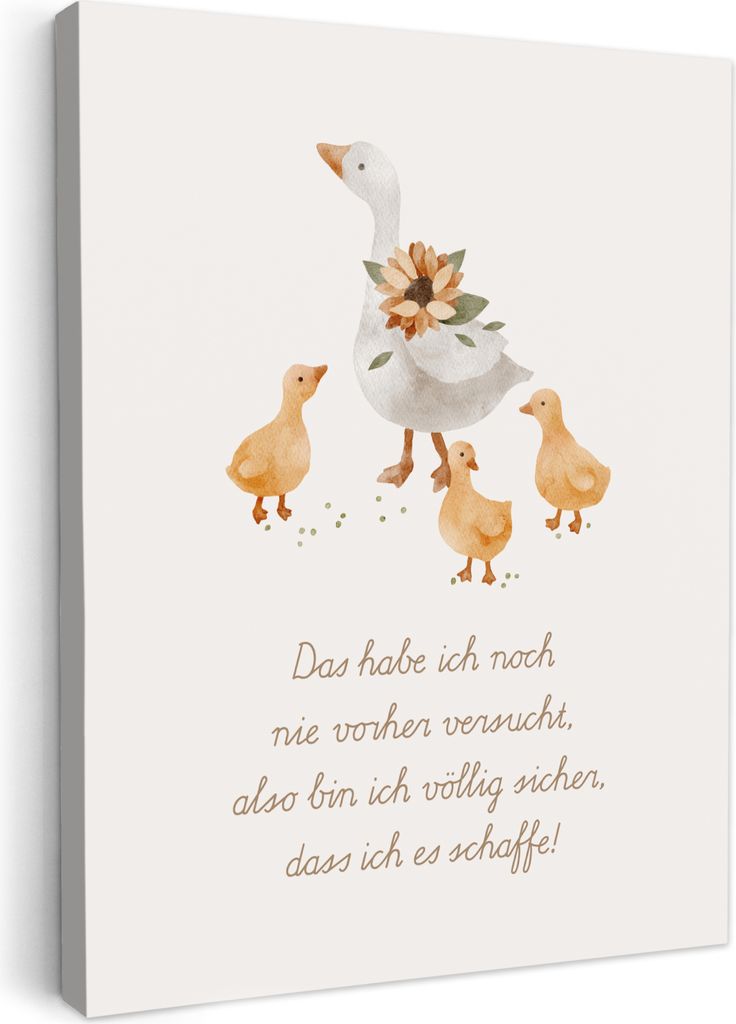 MuchoWow - Leinwandbilder - Kinder - Gänse - Beige - Zitat - Bauernhof, Wandbild, Wanddeko Bilder Wohnzimmer, 50x70 cm