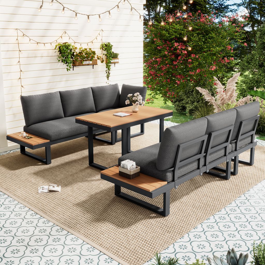 okwish Gartenlounge-Set, Loungeset Balkonmöbel-Set, Gartenmöbel Sitzgruppe ,Eckstellung, mit verstellbarer Neigungsfunktion mit Esstisch, grau...