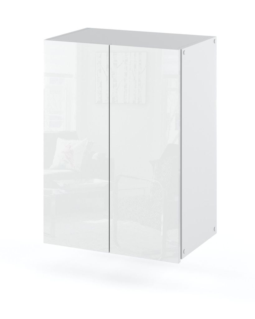 A white cabinet with two doors is shown against a white background.