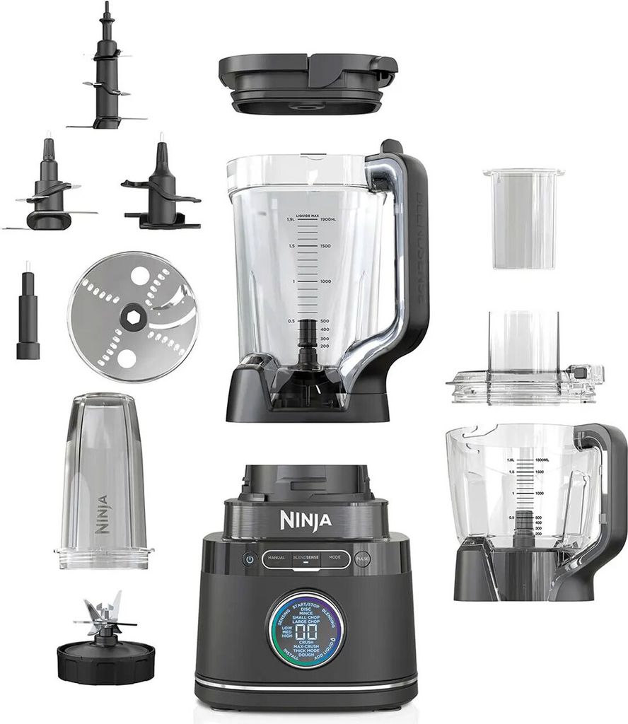 A collection of Ninja blender parts and accessories laid out on a white background.